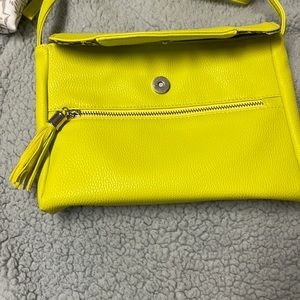 Purse, bright, yellowish, green, new leopard lining. Olivia Miller handbag